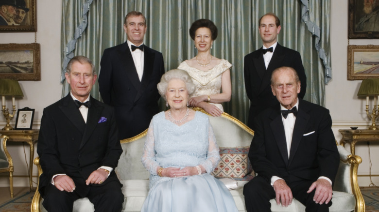 Prince Charles, Prince Philip, Queen Elizabeth II, Prince Andrew, Princess Anne, and Prince Edward posing together