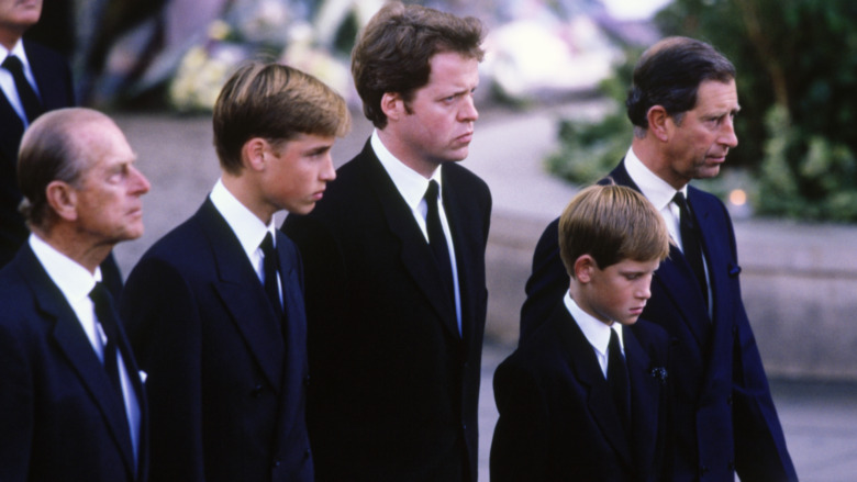 Prince Philip, Prince William, Charles Spencer, Prince Harry, and Prince Charles walk in Princess Diana's funeral procession