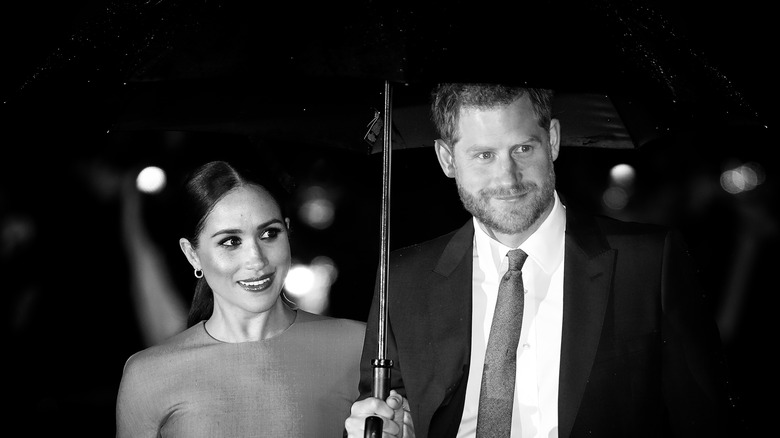 Meghan Markle and Prince Harry under an umbrella