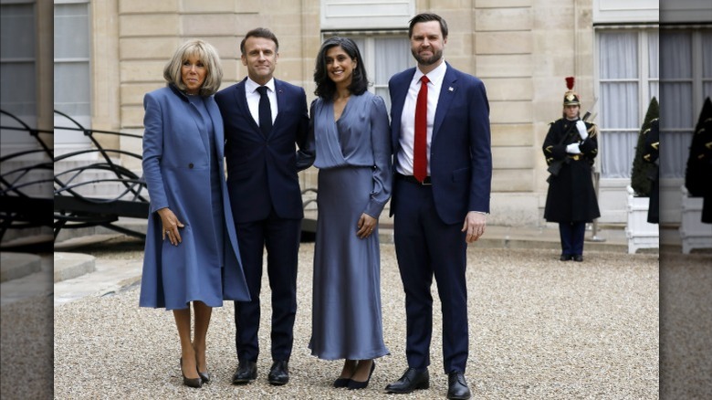 French President Emmanuel Macron and First Lady Brigitte Macron posing outdoors with Usha and JD Vance