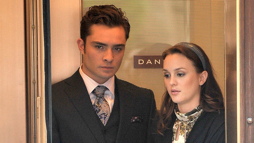 Leighton Meester and Ed Westwick on the set of Gossip Girl