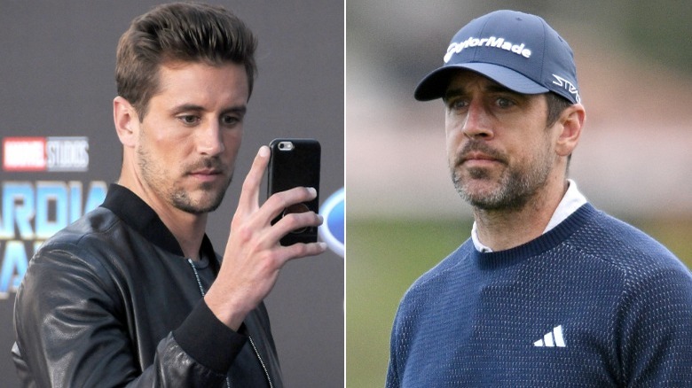 Jordan Rodgers holding phone, Aaron Rodgers wearing cap