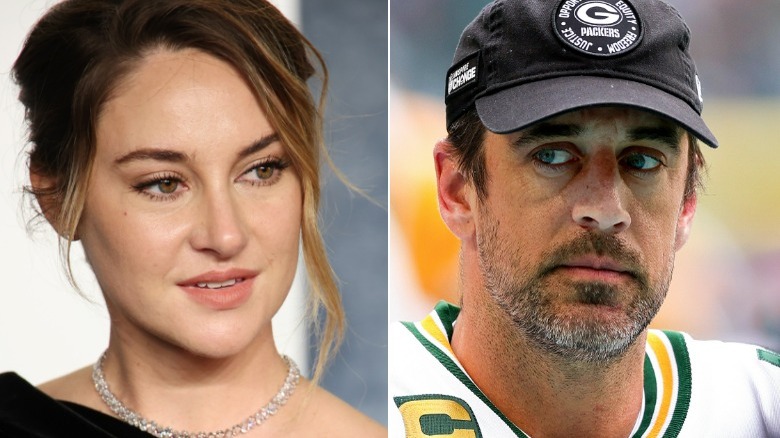 Shailene Woodley looking right, Aaron Rodgers glancing left