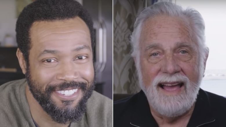 Isaiah Mustafa and Jonathan Goldsmith smiling excitedly in a zoom call