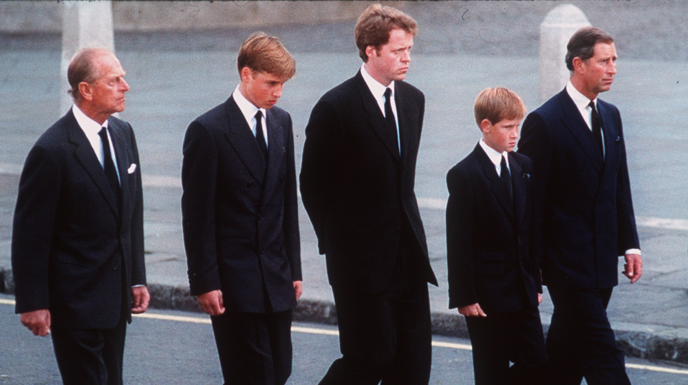 Princes Philip, William, Harry and Charles, with the Earl of Spencer