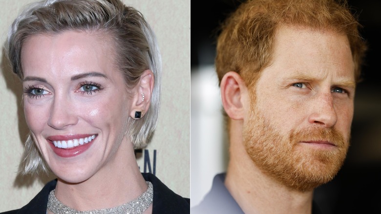 Katie Cassidy smiling; Prince Harry emotionless