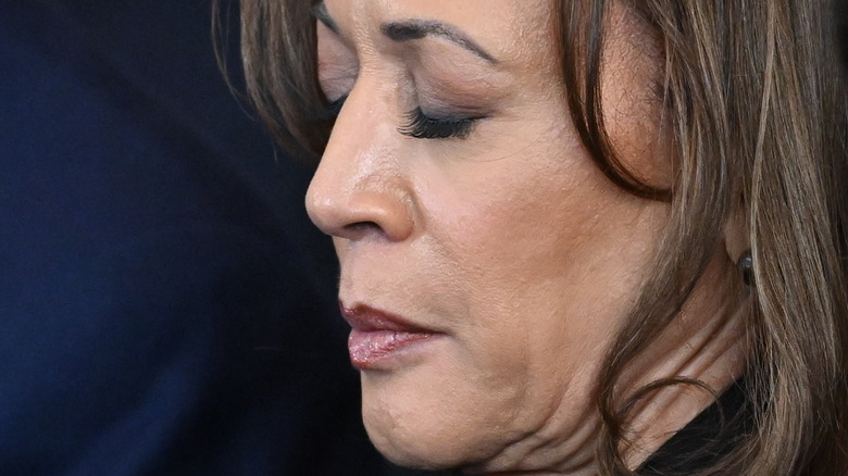 Kamala Harris closing her eyes for a benediction duing the inauguration of Donald Trump