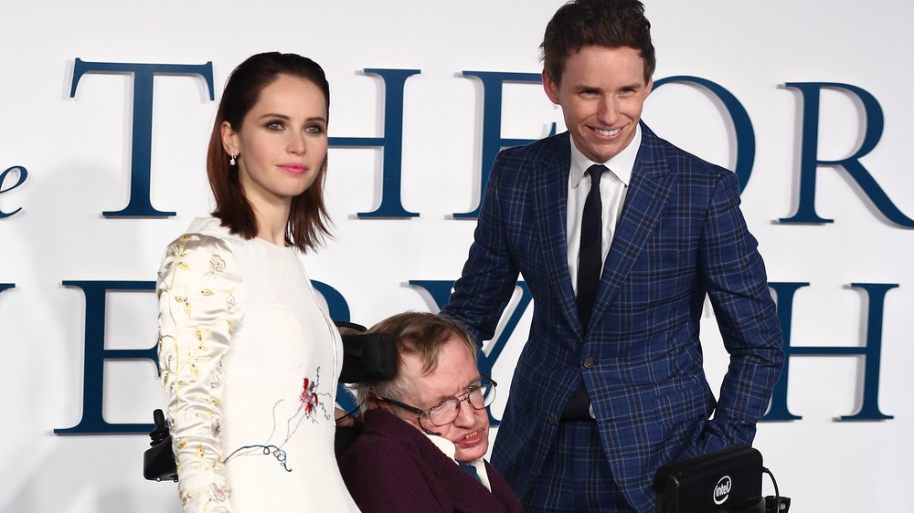 Stephen Hawking, Felicity Jones and Eddie Redmayne attend the UK premiere of The Theory of Everything