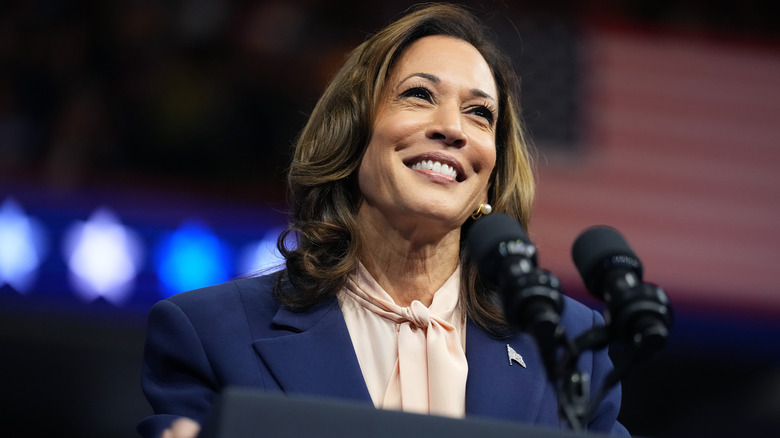 Kamala Harris speaking at a campaign rally