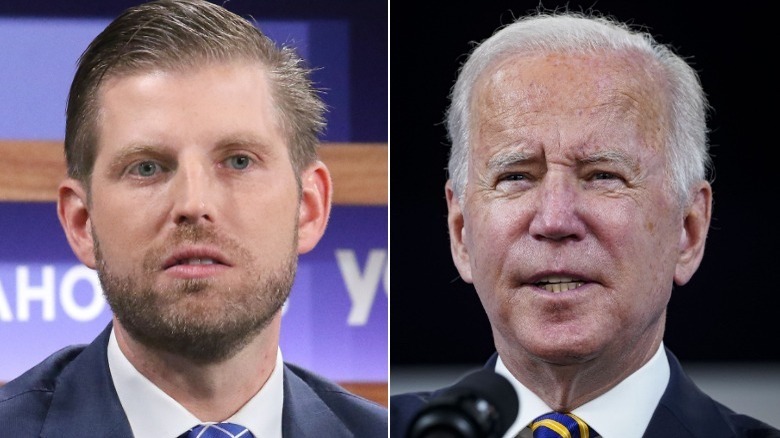 Eric Trump staring and Joe Biden speaking 