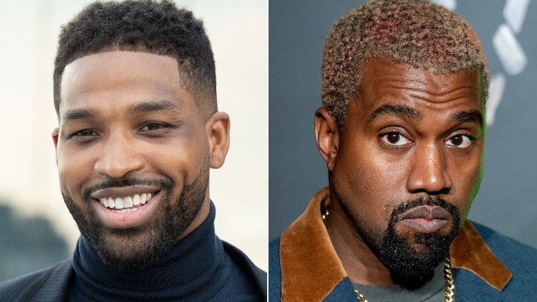 Tristan Thompson and Kanye West posing in split image