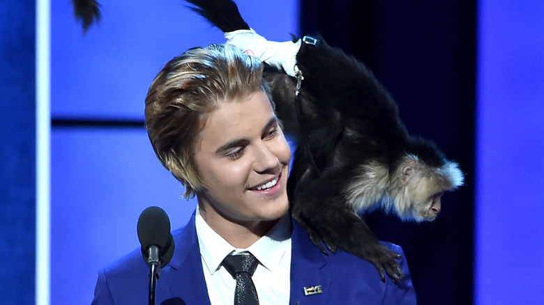 Justin Bieber onstage with his monkey