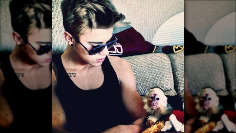 Justin Bieber posing next to his monkey