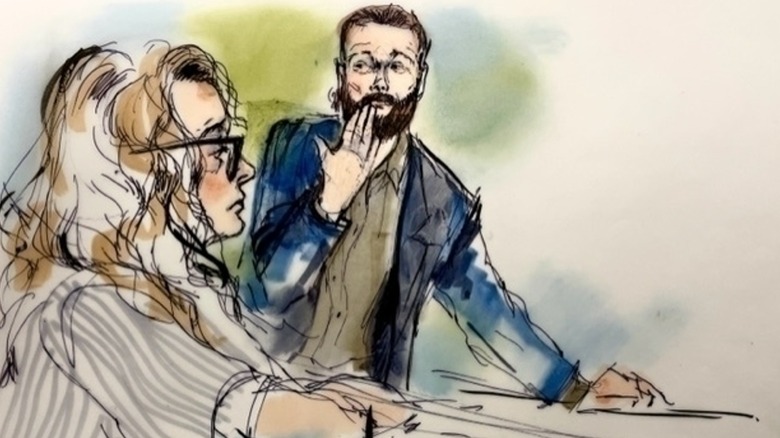 Courtroom sketch of Danny Masterson blowing kiss