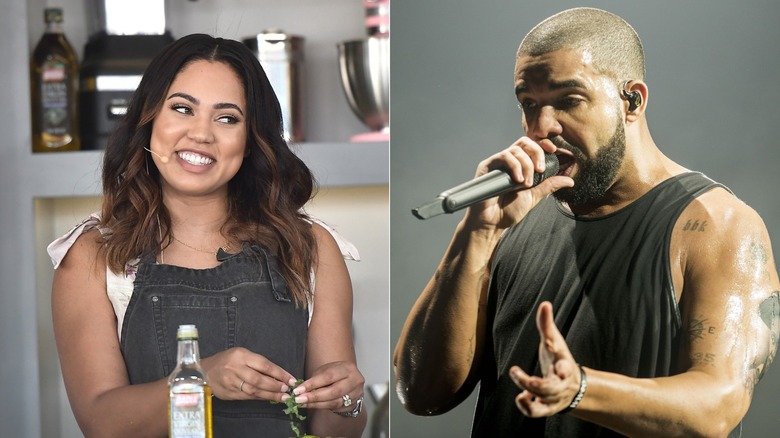 Split image of Ayesha Curry smiling and rapper Drake rapping on stage