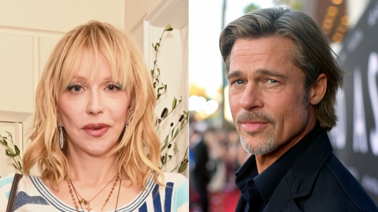 Side by side of Courtney Love posing and Brad Pitt posing