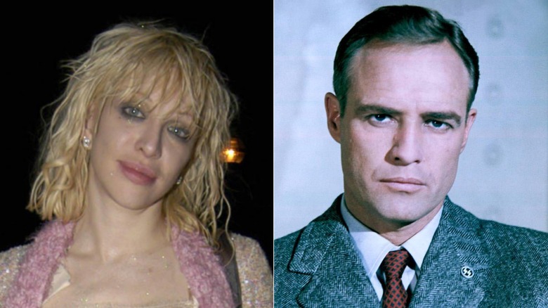 Side by side of Courtney Love posing and Marlon Brando posing