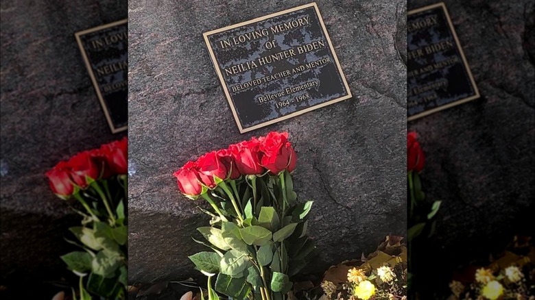 Flowers on Neilia Biden memorial