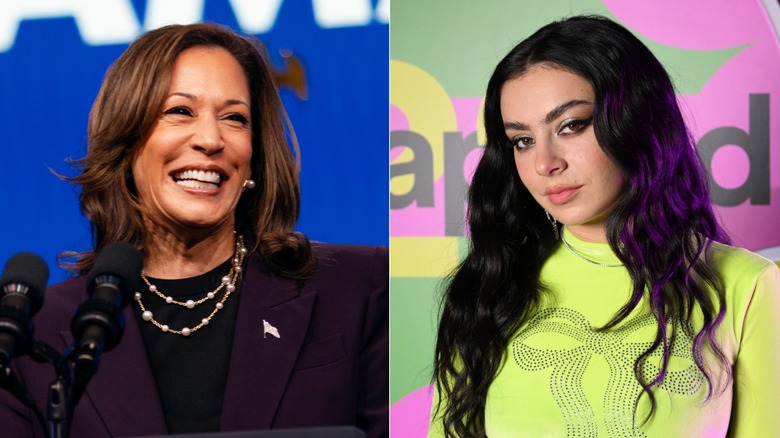 A split image of Kamala Harris and Charli XCX