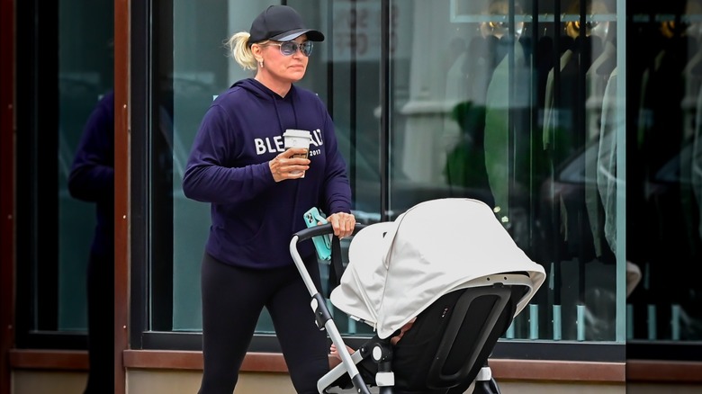 Yolanda Hadid walking with baby stroller