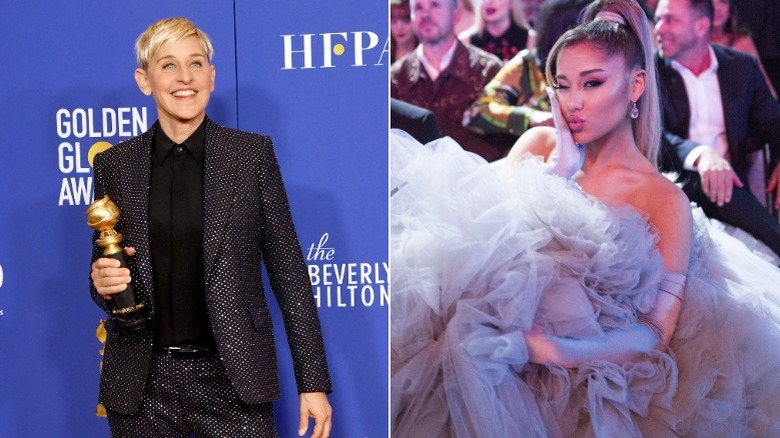 Ellen Degeneres and Ariana Grande split image