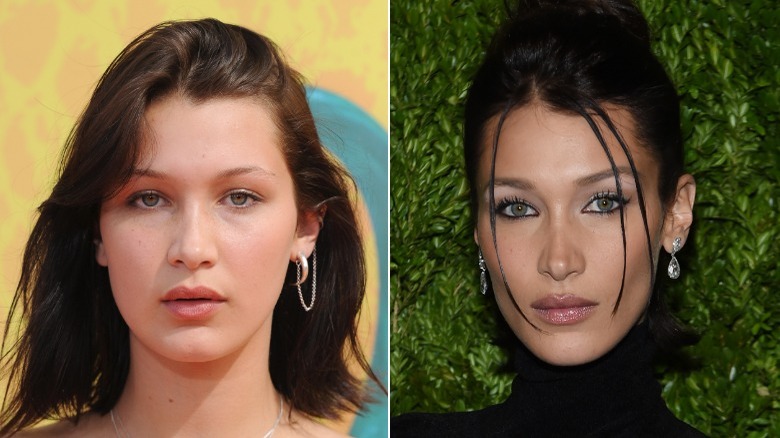 Side-by-side pictures of Bella Hadid posing before and after her nose job