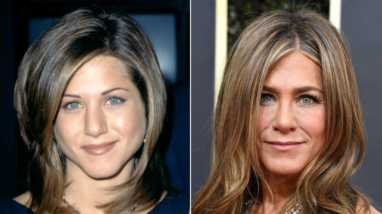 Side-by-side pictures of Jennifer Aniston smiling before and after her nose job