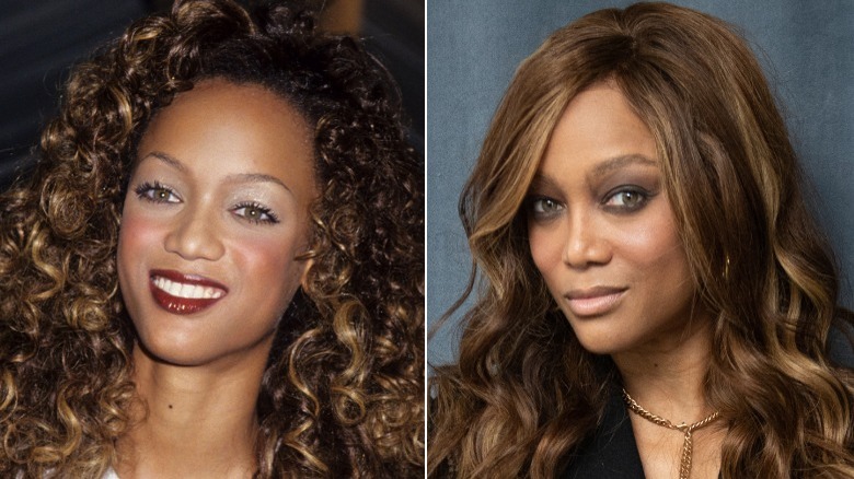 Side-by-side pictures of Tyra Banks smiling before and after her nose job