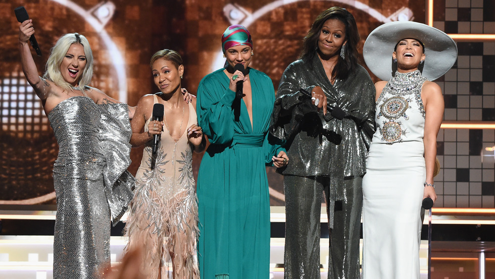 Lady Gaga, Jada Pinkett Smith, Alicia Keys, Michelle Obama, and Jennifer Lopez on stage at the Grammy Awards