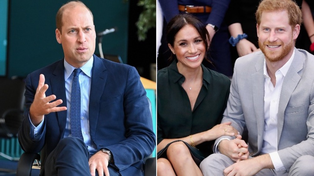 Split image of Prince William with a serious expression, and Meghan Markle and Prince Harry smiling