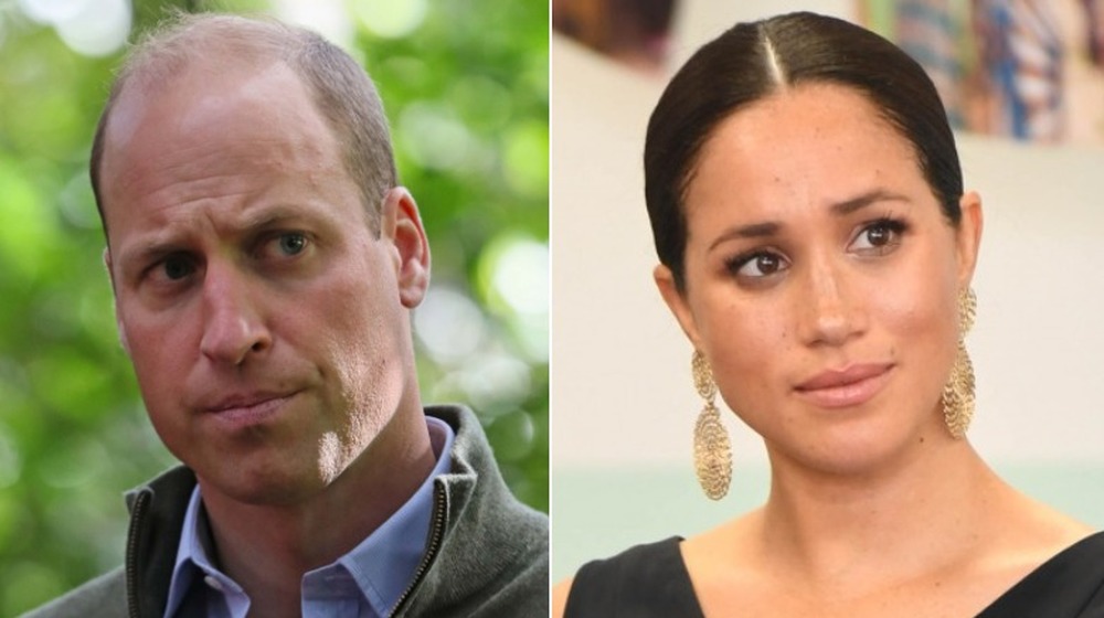 Split image of Prince William and Meghan Markle, both looking concerned