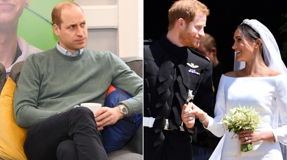 Split image of Prince William looking concerned, Prince Harry and Meghan Markle at their royal wedding