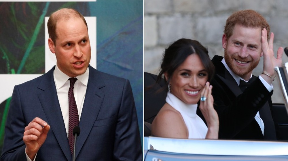 Split image of Prince William giving a speech, Meghan Markle and Prince Harry smiling while waving in a car
