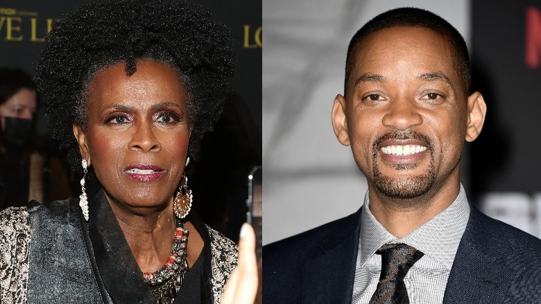 Janet Hubert with dangling earrings; Will Smith in suit and tie