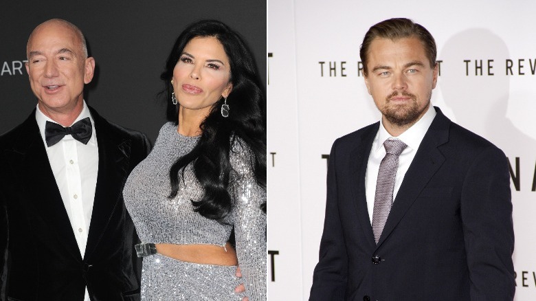 Jeff Bezos and Lauren Sanchez and Leonardo DiCaprio side by side