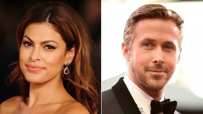 Ryan Gosling and Eva Mendes smiling split image