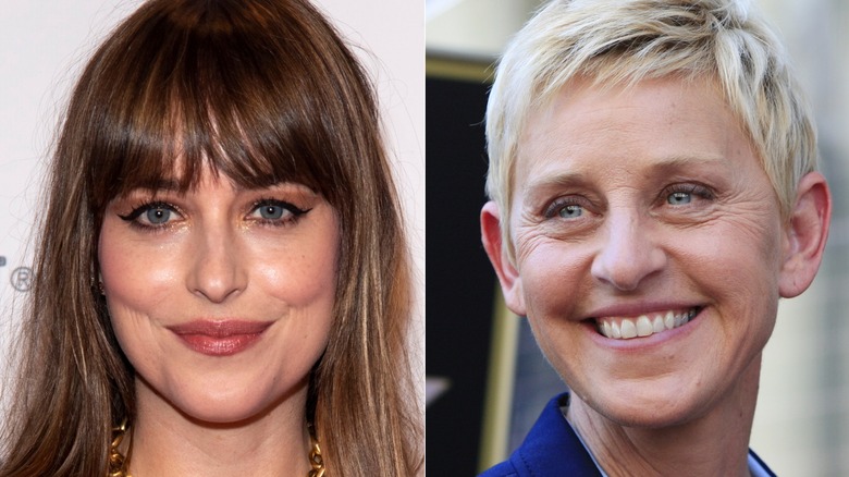 Side-by-side pictures of Dakota Johnson smiling and Ellen DeGeneres smiling