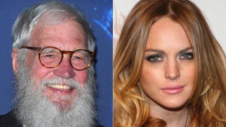 Side-by-side pictures of David Letterman smiling and Lindsay Lohan posing