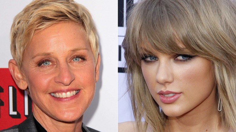 Side-by-side pictures of Ellen DeGeneres smiling and Taylor Swift posing