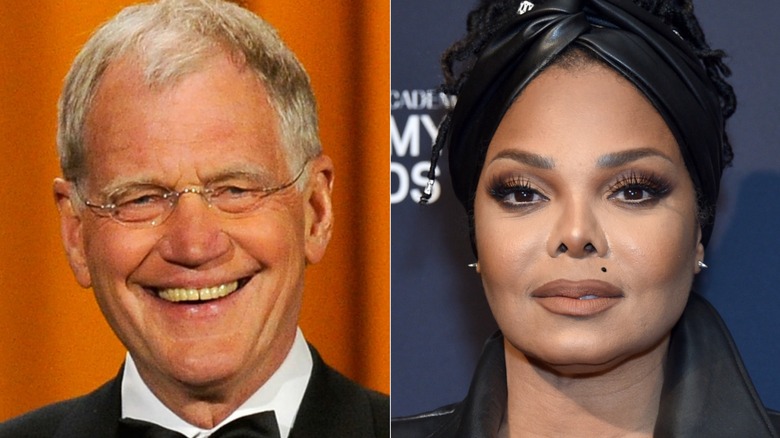 Side-by-side pictures of David Letterman smiling and Janet Jackson smiling