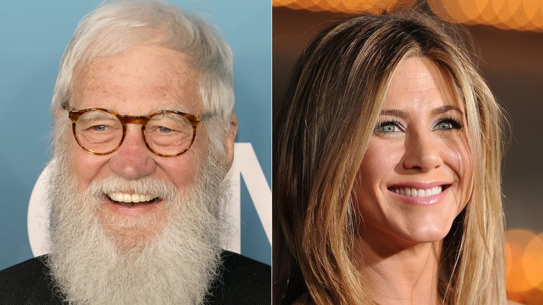 Side-by-side pictures of David Letterman smiling and Jennifer Aniston smiling