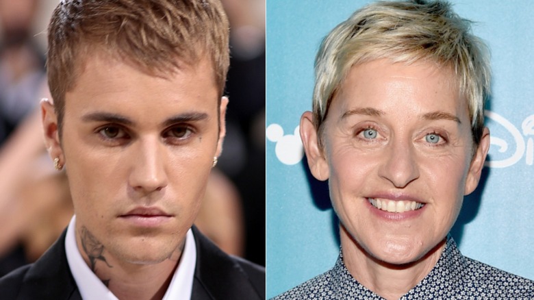 Side-by-side pictures of Justin Bieber smiling and Ellen DeGeneres smiling