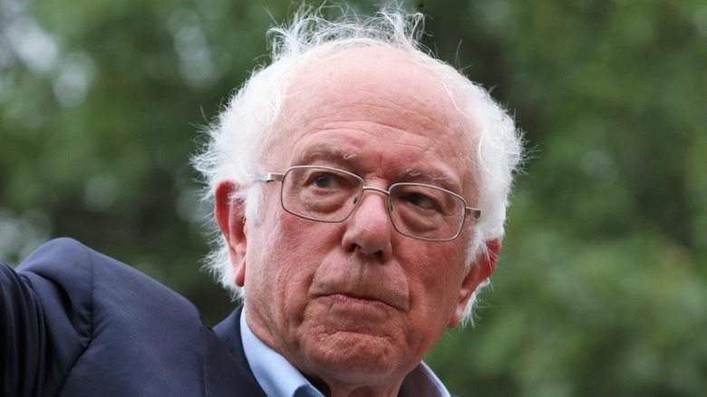 A closeup of Bernie Sanders, his hair wild