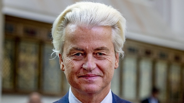 Geert Wilders staring into the camera, his hair poofed up around him