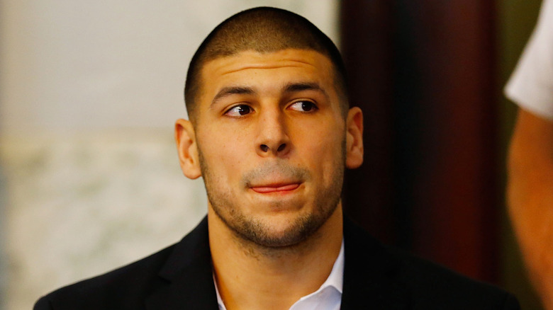 Aaron Hernandez looking anxious in court