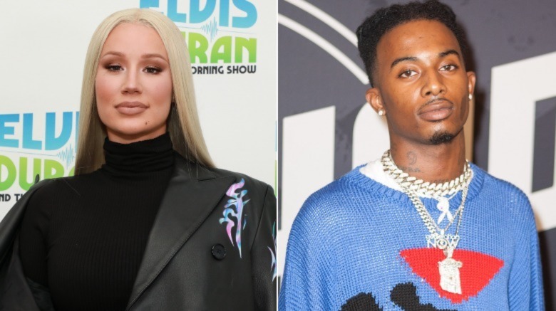 Iggy Azalea in black jacket, Playboi Carti in blue sweater