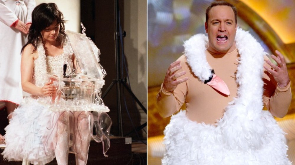 Bjork performing in 2001; Kevin James in the Bjork swan dress at the People's Choice Awards