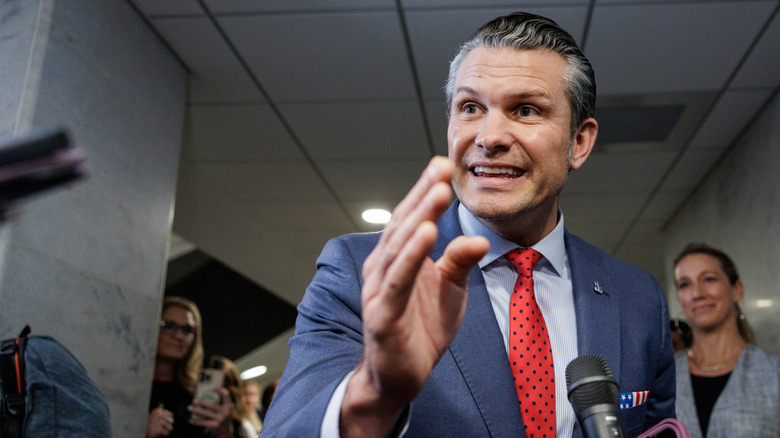 Pete Hegseth speaking with reporters in the U.S. Capitol