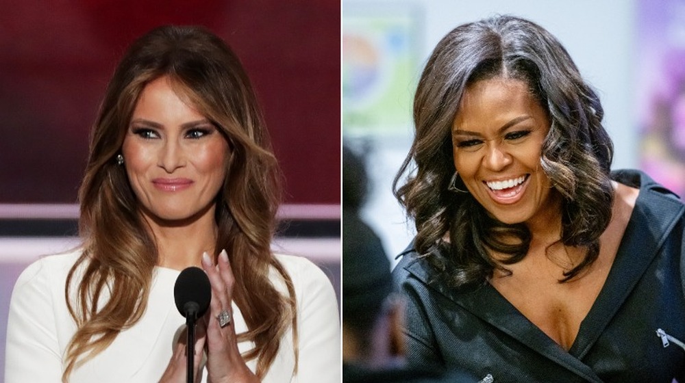 Melania Trump clapping and Michelle Obama laughing; split