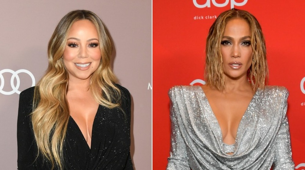 Mariah Carey smiling (left), Jennifer Lopez smoldering (right)